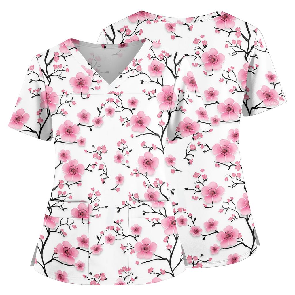 Floral Print V Neck Medical Scrub Top with Pockets Side Slits Short Sleeve Nurse Uniform Shirt for Women Comfortable Fit