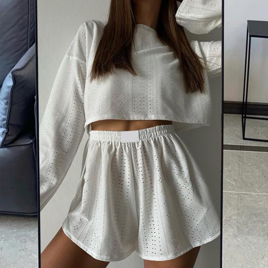 2 pezzi/set top da donna pantaloncini outfit scava fuori elastico in vita allentato manica lunga o collo sottile tinta unita traspirante morbido homewear t-shirt pantaloncini set