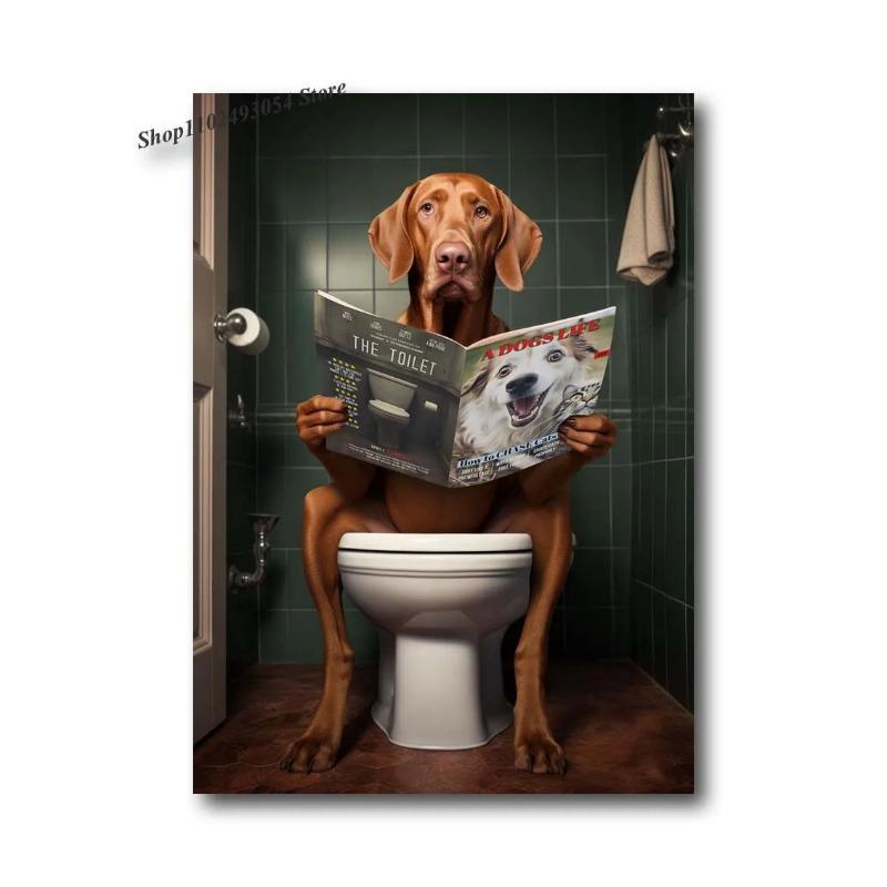 Funny Bathroom Dog Animal Sitting On The Toilet Reading A Newspaper Art Poster Canvas Painting Wall Prints Picture Home Decor