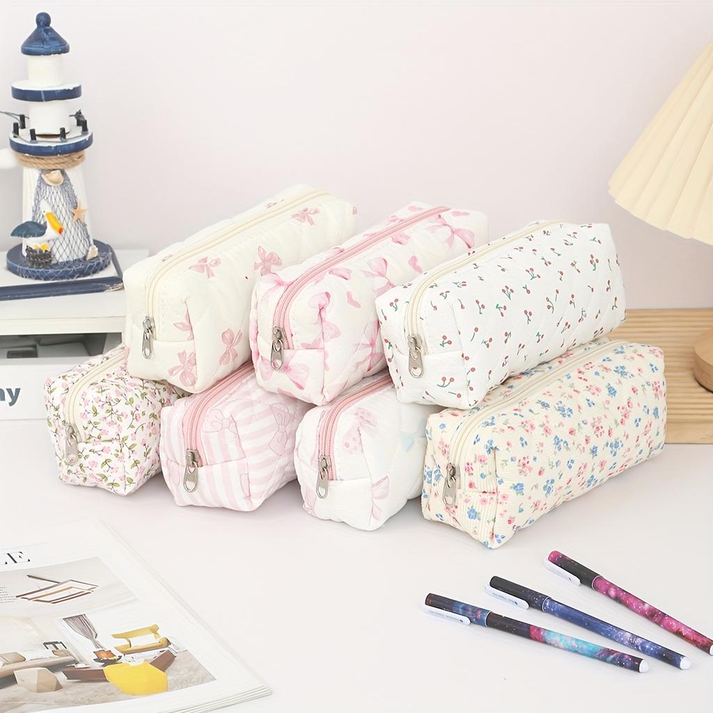Gentle Style Plaid Design Stationery Pencil Case, Exquisite Soft Material Bow Floral Pattern Printed Pencil Case and Daily Item Storage Bag