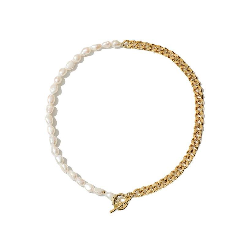 Freshwater Pearl Buttoned Titanium Steel Metal Chain Necklace - Metallic Style Pearl Necklace