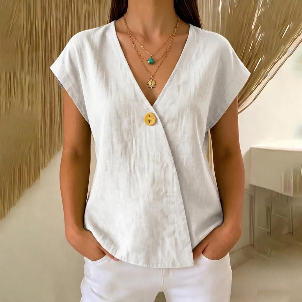 Women V Neck Button Front Blouse Short Sleeve Casual Lightweight Top with Relaxed Fit and Wrap Style for Everyday Wear