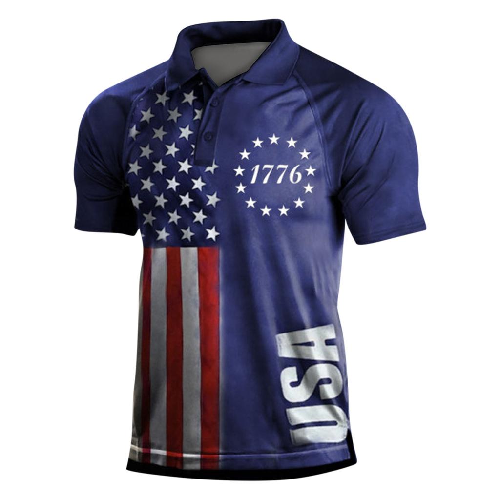 Men's Short Sleeved Shirt Independence Day Printed Three Button Men's Raglan Tops Shirt