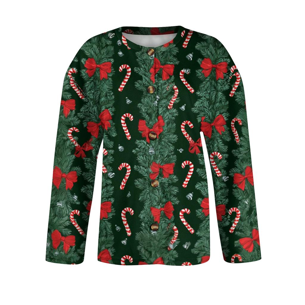 Damen Weihnachtsdruck Langarm Strick Cardigan Knopfleiste Pullover Mantel für Feiertage