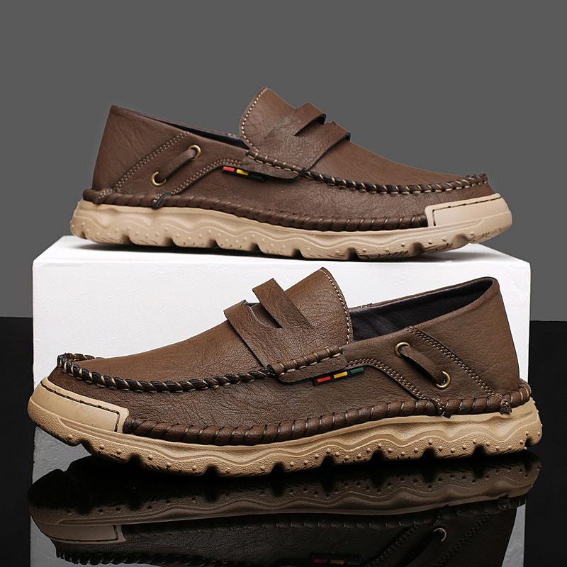 

2024 live broadcast hot-selling outdoor casual shoes autumn new hand-sewn men s genuine leather one-pedal leather shoes 46 темно-коричневого