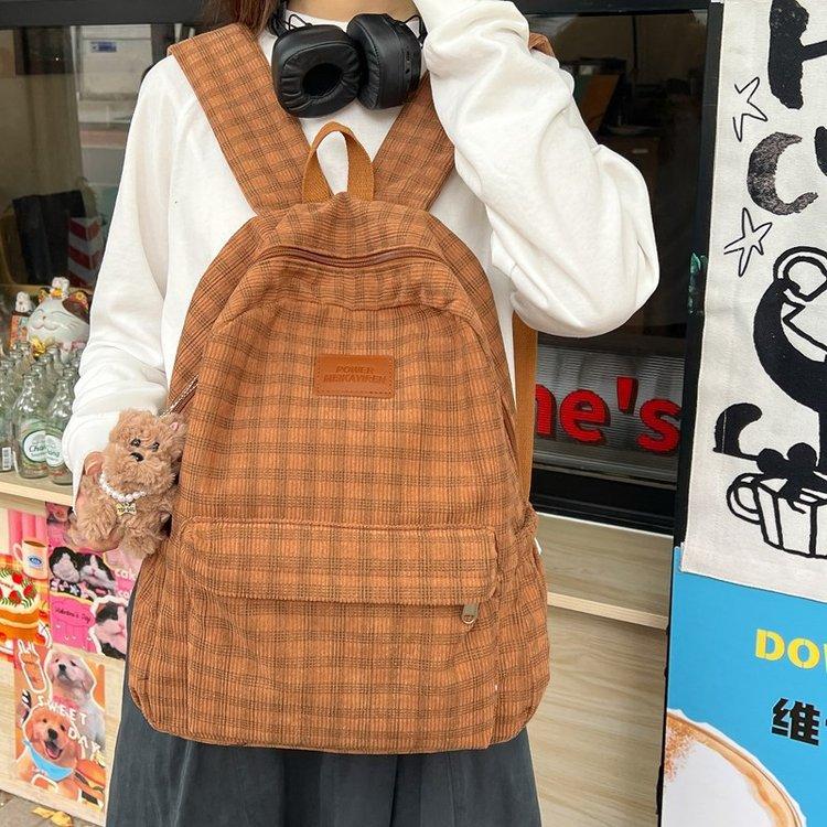 

Mori ins wind corduroy plaid schoolbag for female junior high school students large-capacity casual versatile backpack travel backpack Single Pack коричневый
