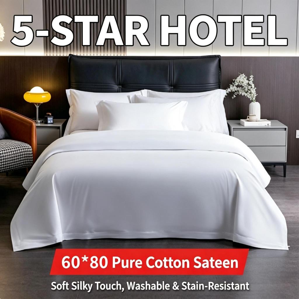 White Cotton Sateen Bedding Set Hotel Style 60S Soft Duvet Cover Sheet All Season