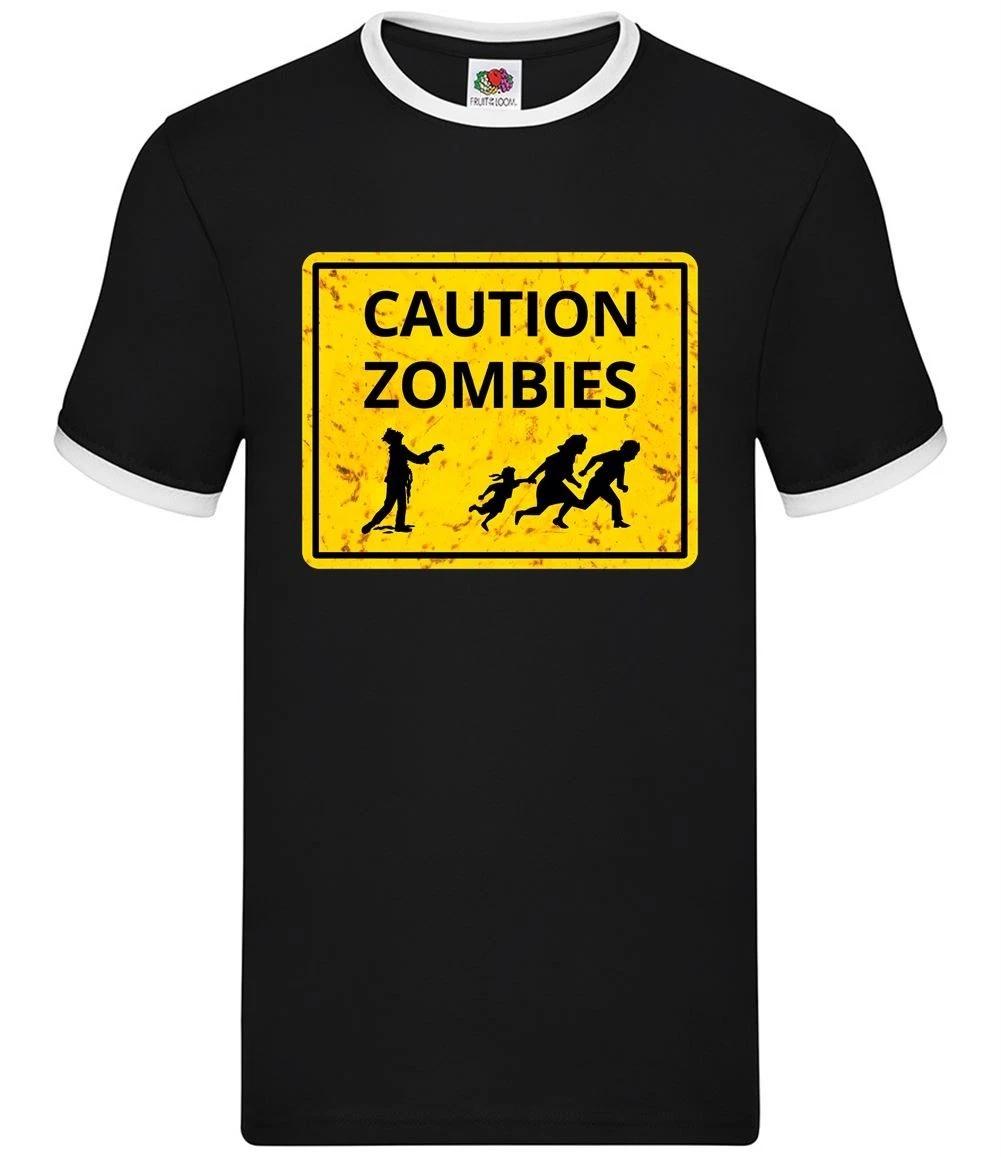 Caution Zombies Road Sign - Mens Ringer - Zombie Halloween Funny Costume XXXXL