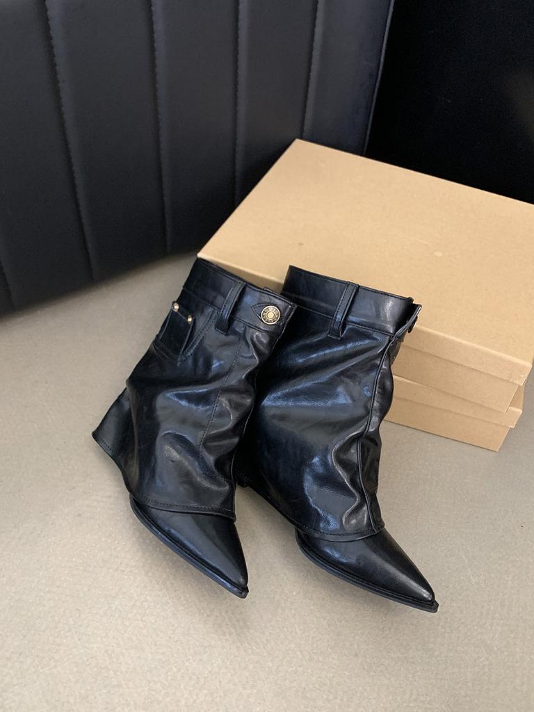 Mote Denim Dame Midtkalvstøvler Mote Spiss Tå Svart Blå Knappedesign Tynne Middels Hæler Sexy Chelsea Støvler Dame Størrelse 35-39 Pumps