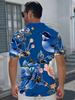 Printed Design – Not Textured Men's Short Sleeve - Blue Chinese Floral and Bird Pattern Print, Breathable Summer Golf Casual Wear, Digital Heat