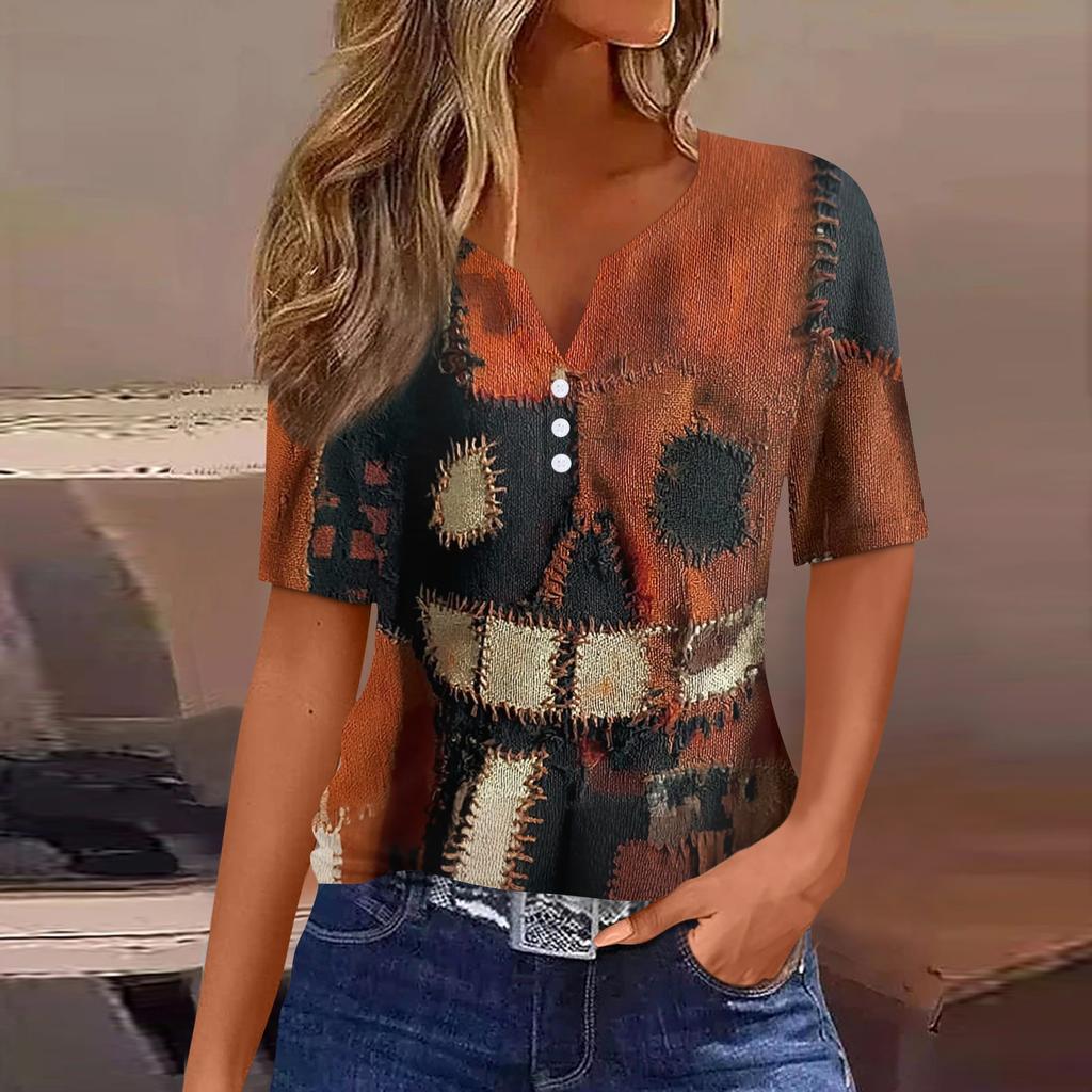 Women's Casual V Neck Short Sleeve Button Front Top Halloween Print Lightweight Blouse for Everyday Wear