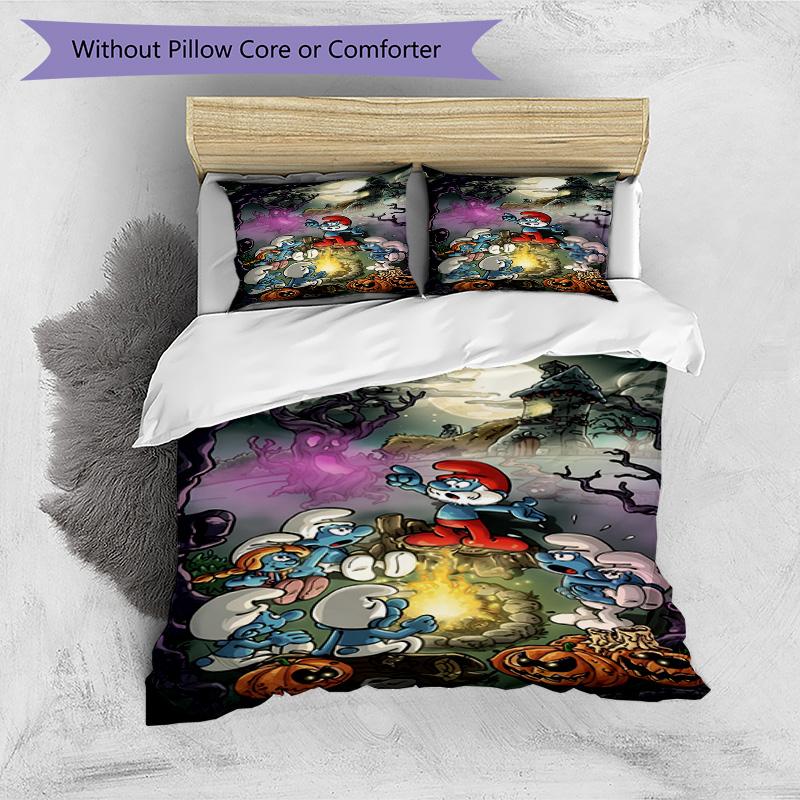 3pcs Duvet Cover Set (1*Duvet Cover + 2*Pillowcase, Without Core), Blue Smurfs Print Bedding Set, Bedroom Decor, All‑Season, Birthday Gift
