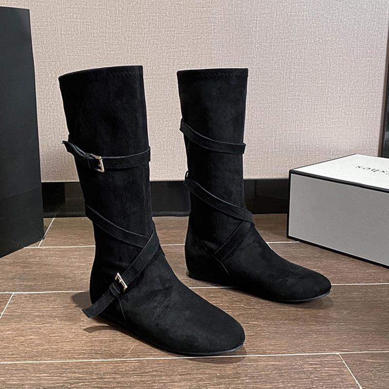 Leather Flat Boots Women's Inner Heightening Knight Boots Cross Buckle Pleated Pile Boots Skinny Boots Women