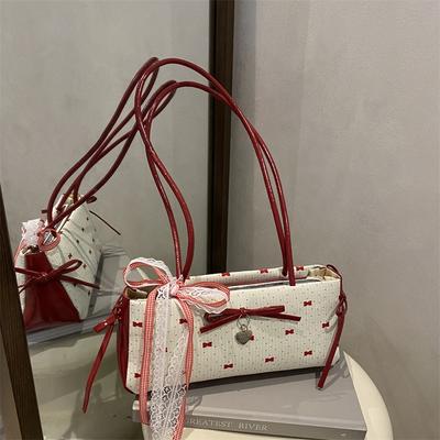 Bow Baguette Bag Casual Summer Fashion Polka Dot Shoulder Bag Portable Commuter Bag Underarm Bag