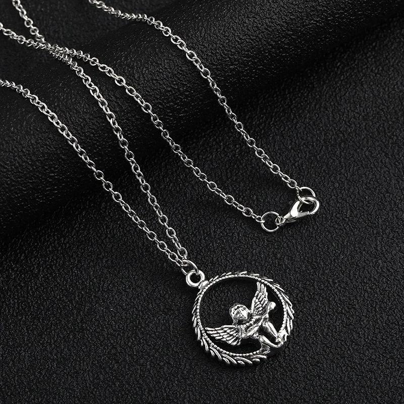 Vintage Harajuku Gothic Silver Heart Angel Cupid Pendant Necklace Trendy Jewelry For Women Men