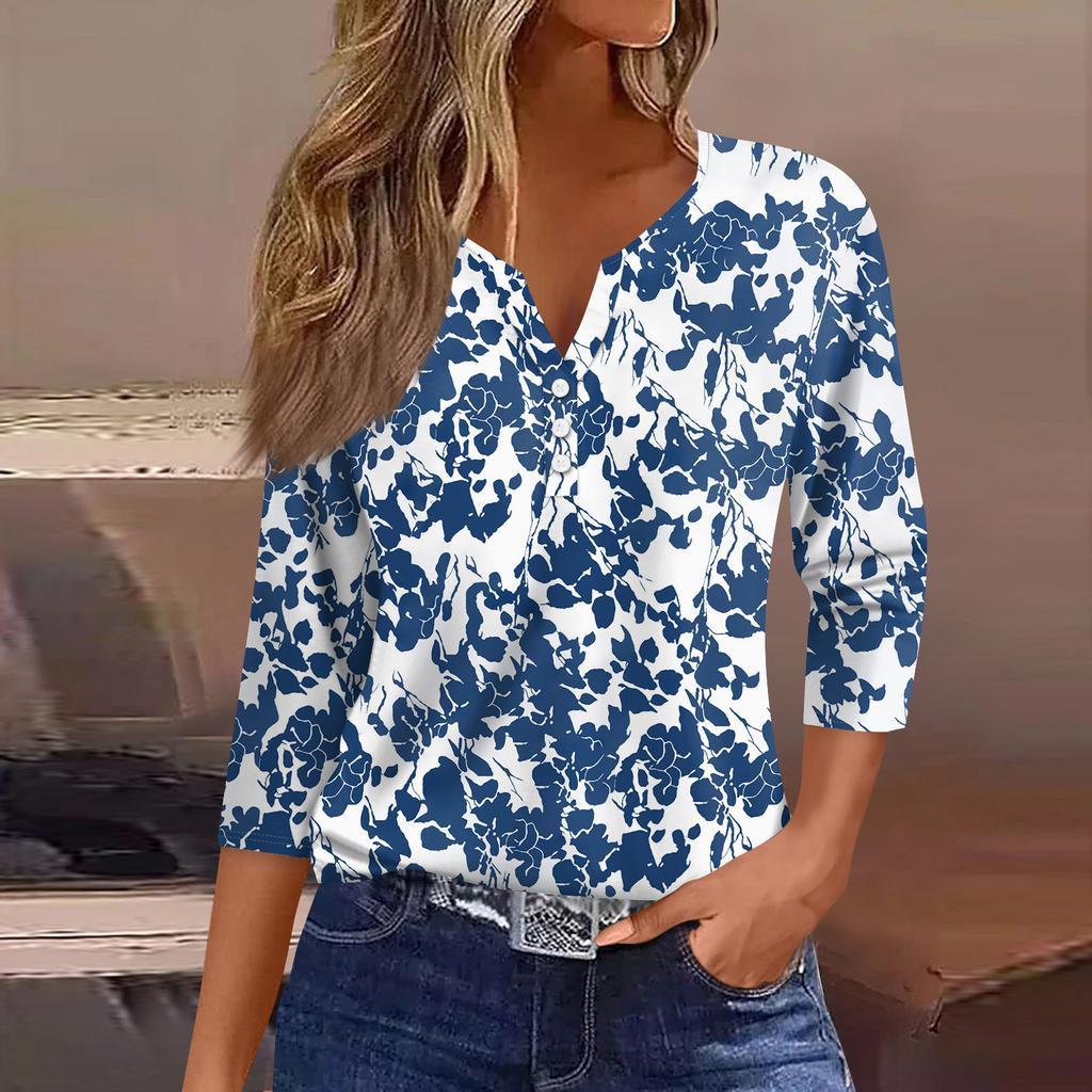 Women's Fashion Casual Seven Split Sleeve Burst Vintage Floral Print Pullover Top