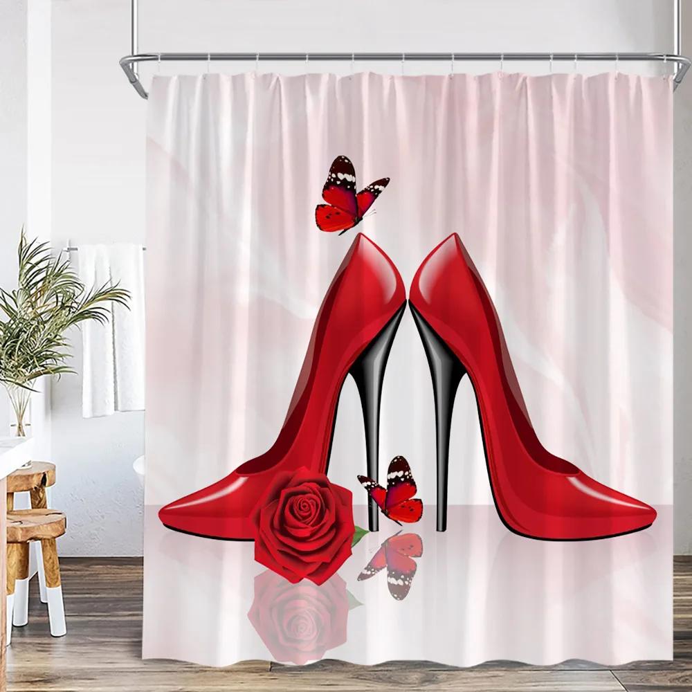 Rote High Heels Duschvorhänge Kosmetik Rote Lippen Rosa Badezimmerdekorationen Modernes Mode-Mädchen Schönheit Badevorhang mit Haken