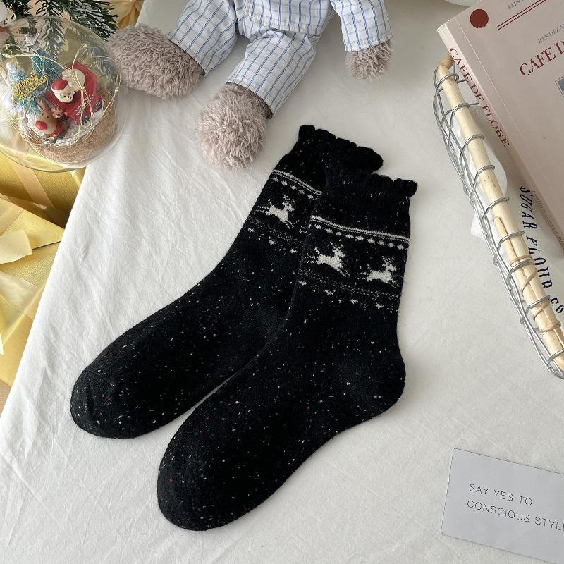 Fall/Winter Wool Socks - Fel Island Elk Warm Mid-Calf Socks - Bowknot Heart Retro Style Thick Socks - Children's