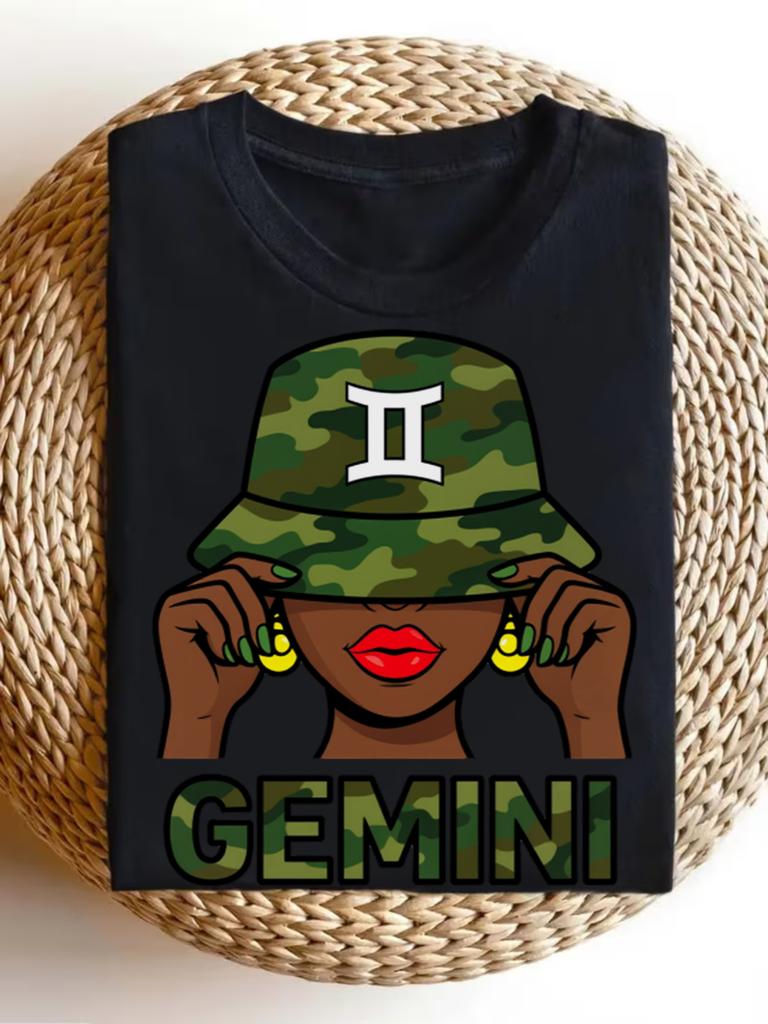 Gemini Queen with Camo Cap Afro Girl Zodiac TShirt Men's Plus Size Round Neck Machine Washable Gift Top for Daily Activities Crew Neck Drop Shoulder -