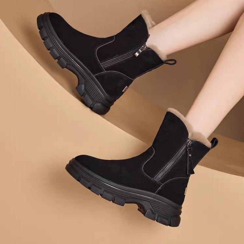 Snow boots new winter fur integrated fleece thick sole heightening leather short cotton shoes