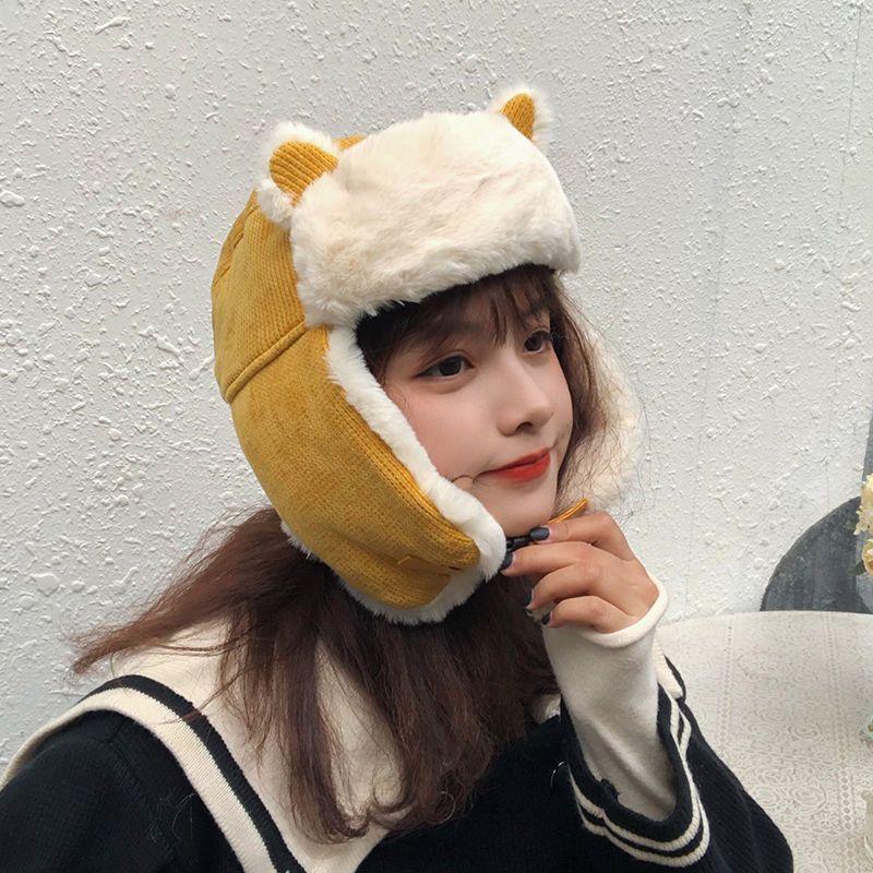 Women Warm Earmuffs Thicken Ear-flapped Hat Winter Cashmere Plush Cotton Hat Cat Ears Cap Winter Russian Bomber Hat