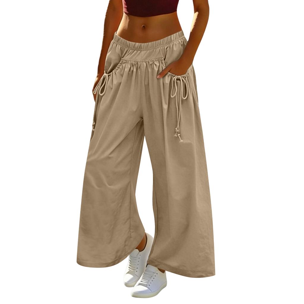 Women's Loose Wide-leg Sweatpants, With Drawstring Pockets, Elastic Waistband, Three-quarter Length, Hiking Pants