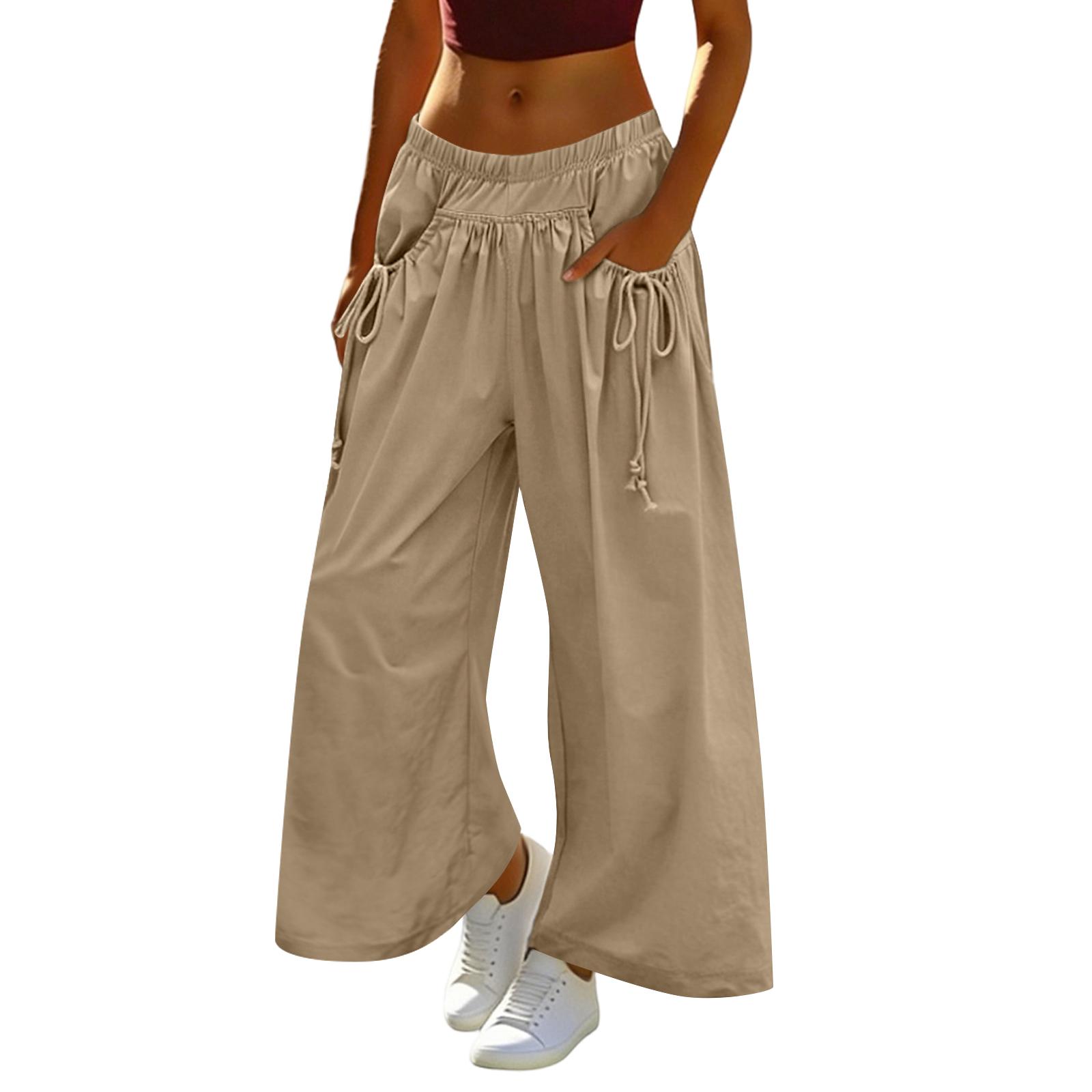 

Women s Loose Wide-leg Sweatpants, With Drawstring Pockets, Elastic Waistband, Three-quarter Length, Hiking Pants S хаки