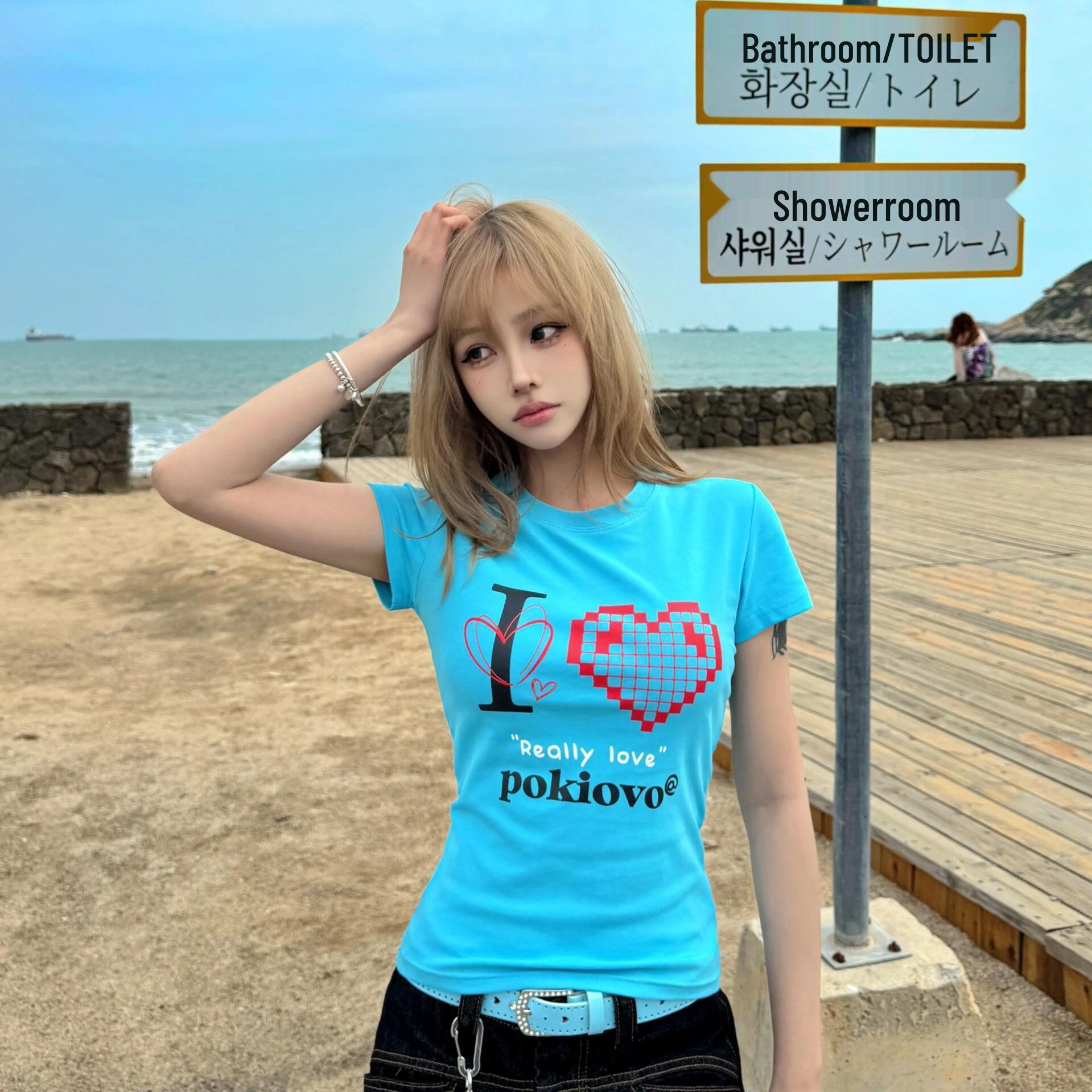 

Women s Blue Heart Print Straight Shoulder T-Shirt - Sweet, Cool & Spicy Slim Summer Design. Medium синий