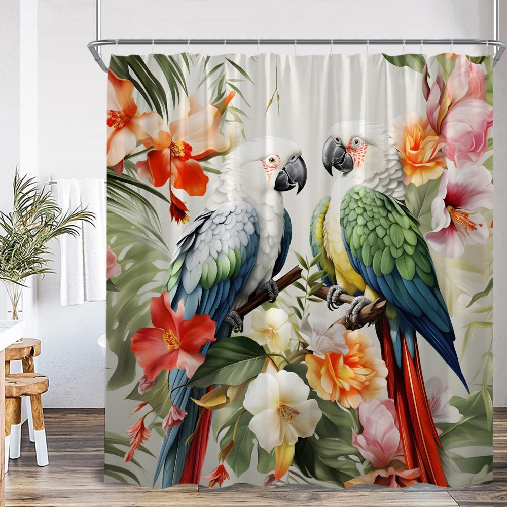 Tropical Leaf Parrots Shower Curtain Boho Vintage Floral Flower Hummingbird Plant Bathroom Decor Animal Print Modern Bath Curtai