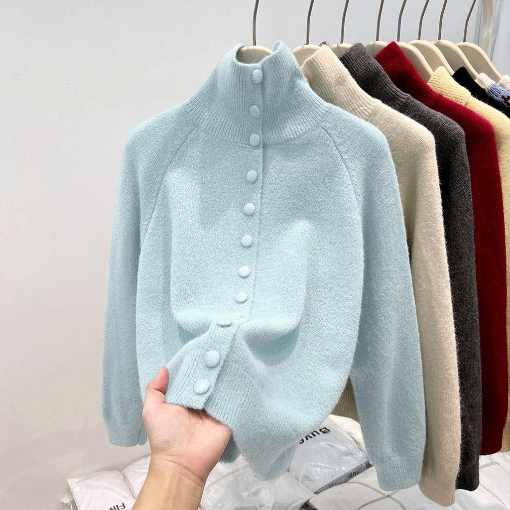Women's Polo Collar Knitted Cardigan - Thick, Stylish, High Collar, Single-Breasted for Autumn and Winter