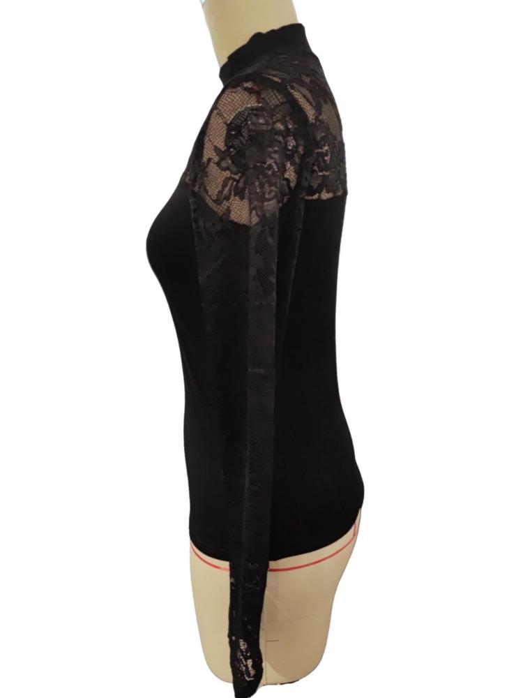 Spring Fashion Lace Splicing Long Sleeve Small Standing Collar Pullover Bottomed T-shirt Tops for Women Versatile Closet Essential Fashion Items Shirt