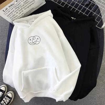 2025 Tops de Roupa Esportiva Estudantil Rosto Sorridente Rosto Triste Streetwear Moletom Mulher Casual Pulôver Hip Hop Manga Longa Estampa de Linhas Capuz