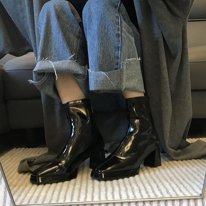 New autumn and winter high-heeled short boots fashionable versatile square-head patent leather Martin boots thick-heeled thin boots fashion boots