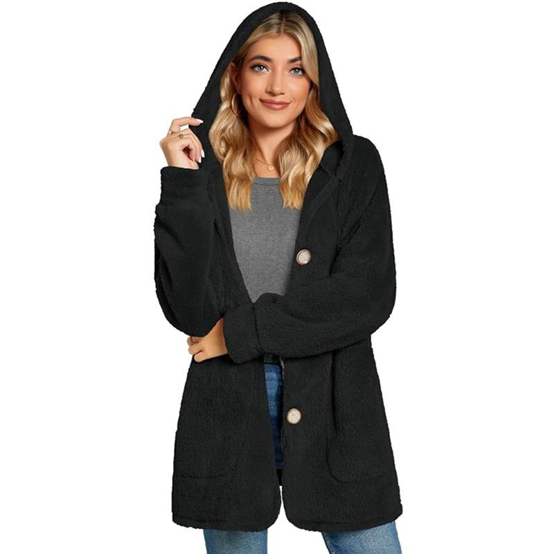 Women's Long Sleeve Button Pocket Casual Plush Hooded Jacket