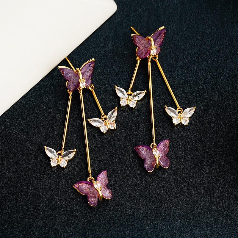 Purple Crystal Butterfly Stud Earrings - Elegant Women's Versatile Design