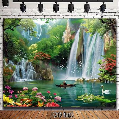 2D Idyllic Forest Waterfall Nature Wall Tapestry, Lake Swan Fishing Boat Flower Bird Bedroom Home Decor