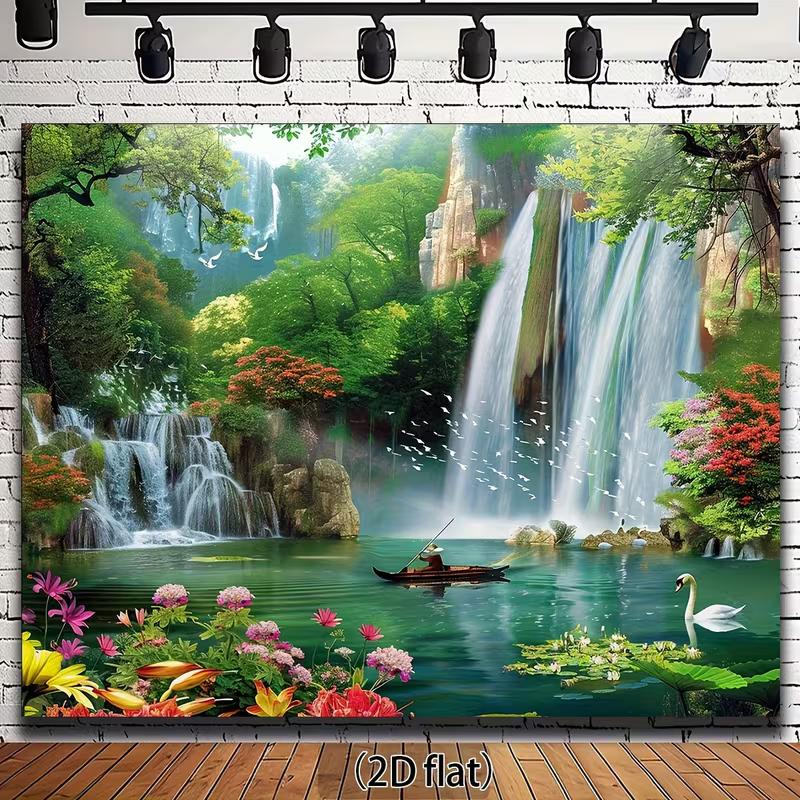 

2D Idyllic Forest Waterfall Nature Wall Tapestry, Lake Swan Fishing Boat Flower Bird Bedroom Home Decor 47.2x31.5inch/120*80cm