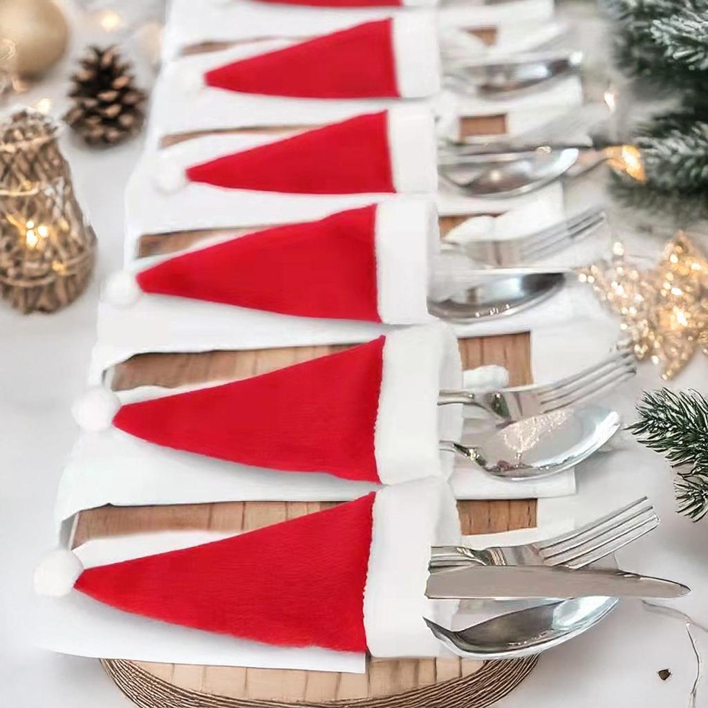 Mini Flannel Christmas Hat Cutlery & Wine Bottle Set Decoration