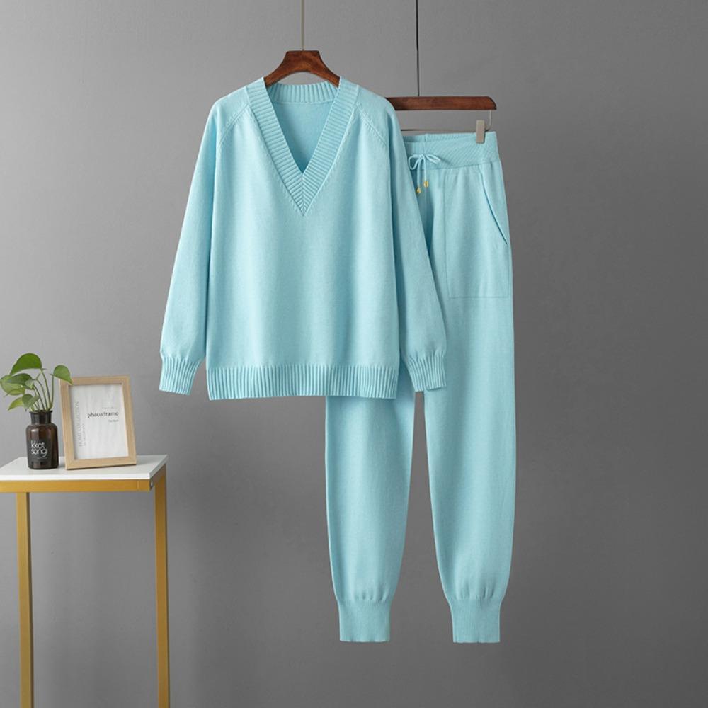 Women's Autumn Winter V Neck Sweater Two Piece Set Knitted Pants Suits Fashion Casual Pullover Tracksuits Outwear