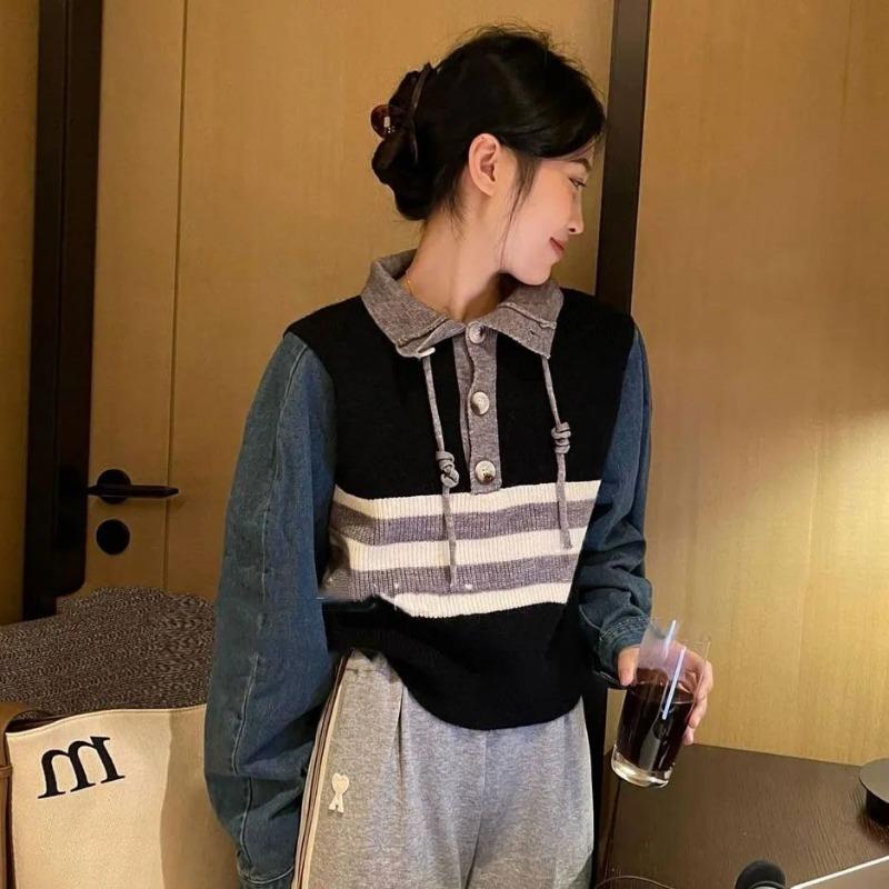 Pulovr Svetr Podzimní Splice Denim Svetr Dámské Outwear Univerzální svetr s dlouhým rukávem Retro Pruhovaný pletený svetr