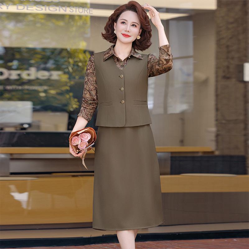 

2026 Spring Women s Elegant Two-Piece Dress Set for Mature Women: Mid-Length, Dignified, Long-Sleeved Mother s Outfit 2XL (approx. 105-120 lbs)
