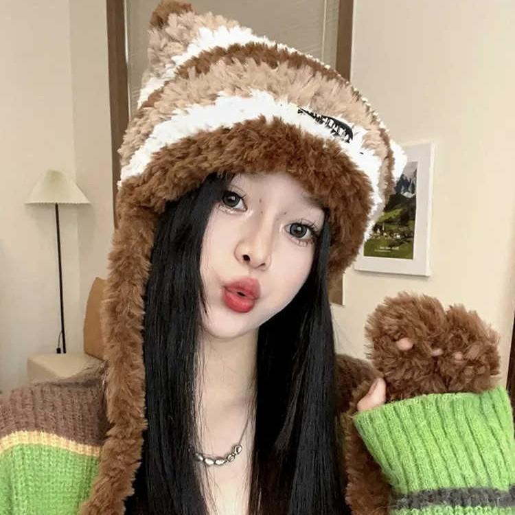 New Winter Hat for Women Cute Color Blocking Striped Letter Mark Plush Ear Protection Hat Warm Versatile Knitted Wool Hat