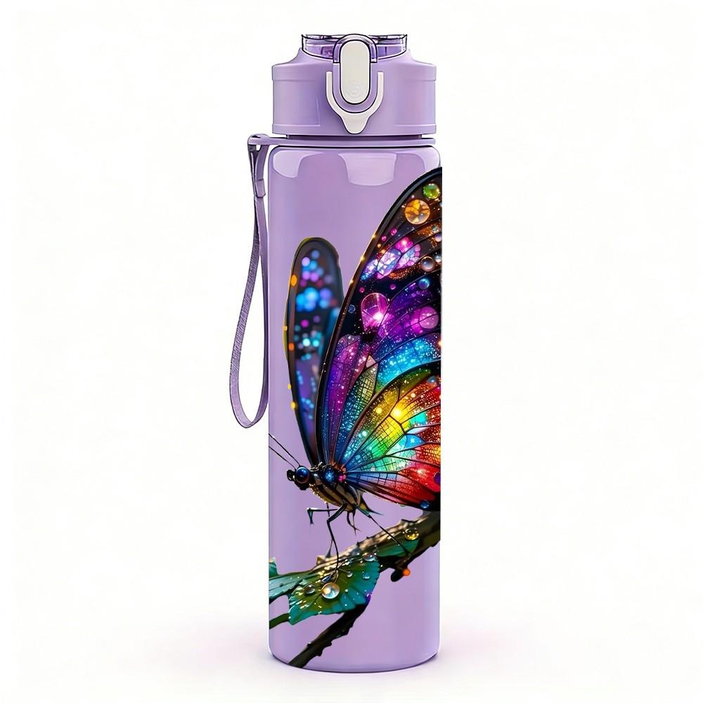 1PC Bright Color Butterfly Insect Print 750ml Color Plastic Sports Water Bottle Leakproof Flip Straw Lid Suitable for Sports Office Home Use