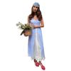 Summer New Blue Plaid Fake Two-piece Splice Single-breasted Strap Dress for Women European & American Style