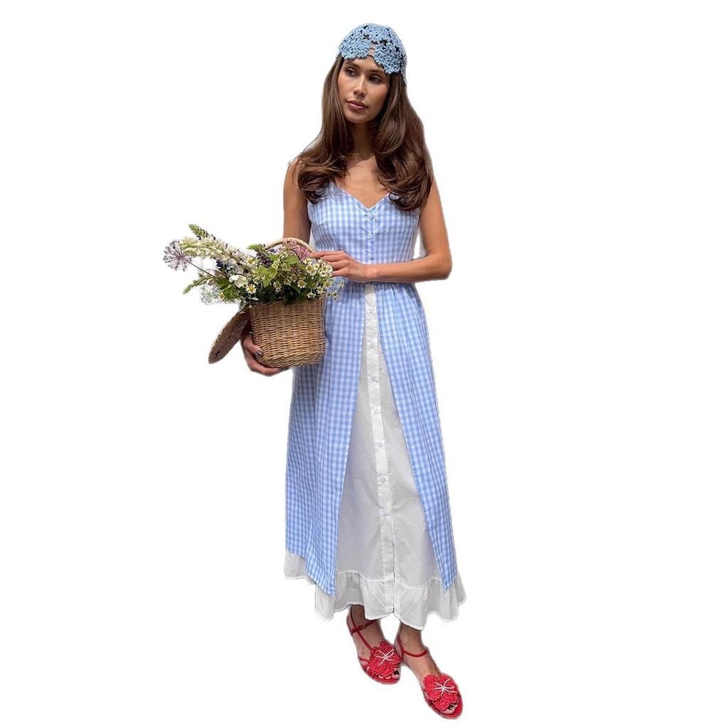 Summer New Blue Plaid Fake Two-piece Splice Single-breasted Strap Dress for Women European & American Style