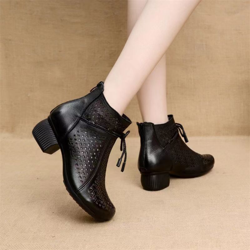 Fashion Shoes Block Heels Soft Sandal Woman Boot 2025 Summer Breathable Chunky New Retro Real Genuine Leather Block Heels Retro Woman Sh