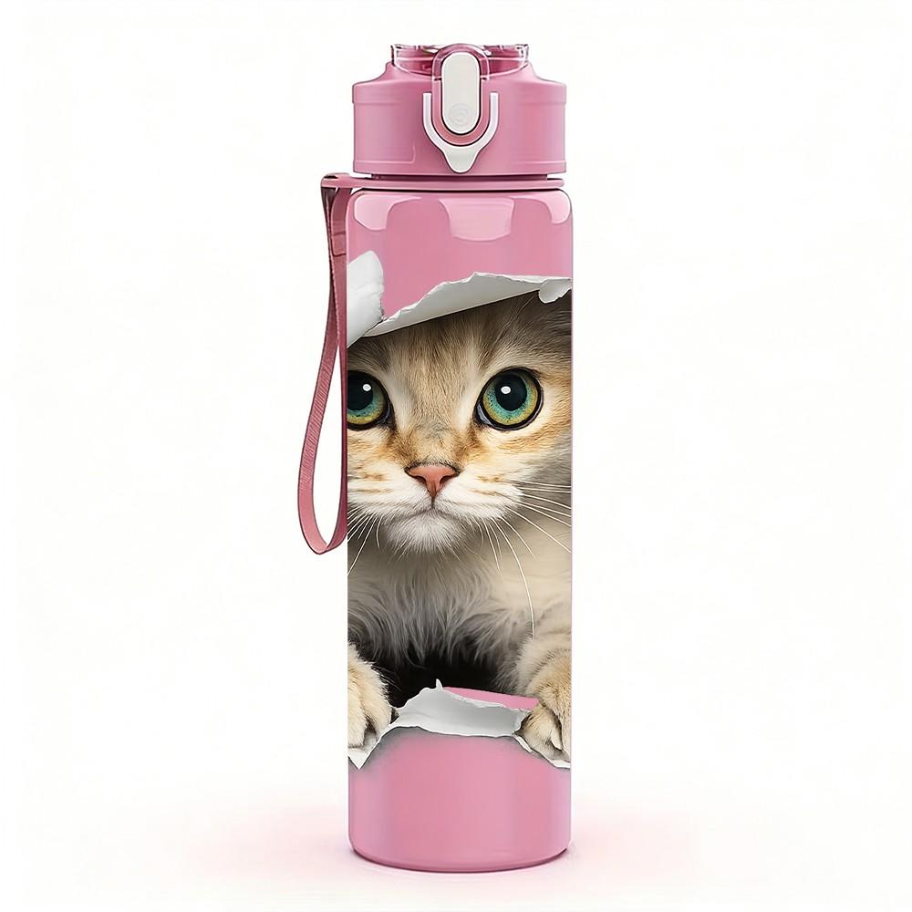 1PC Cat Breaking Through Wall Cartoon Print 750ml Color Plastic Sports Water Bottle Leakproof Flip Straw Lid Suitable for Sports Office Home Use