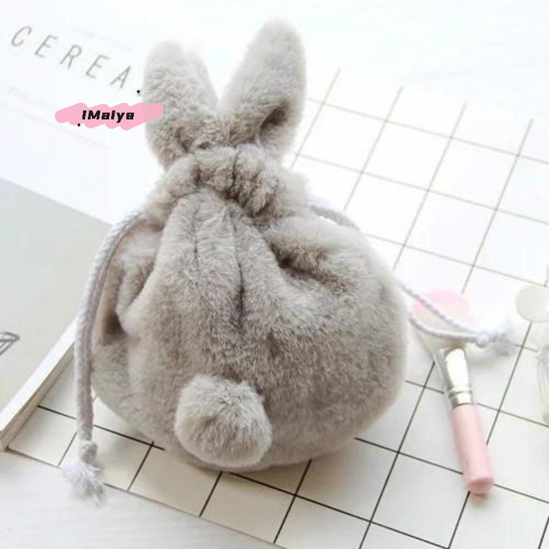 M-1Pcs Pocket Drawstring Bag Cute Bunny Plush Rabbit Ear Pouch With Fluffy Tail-Like Tassel Sweet Kawaii Makeup Bag Accessory
