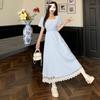 Large size summer new fashion versatile temperament lace splicing dress foreign style waist cover meat show thin long skirt