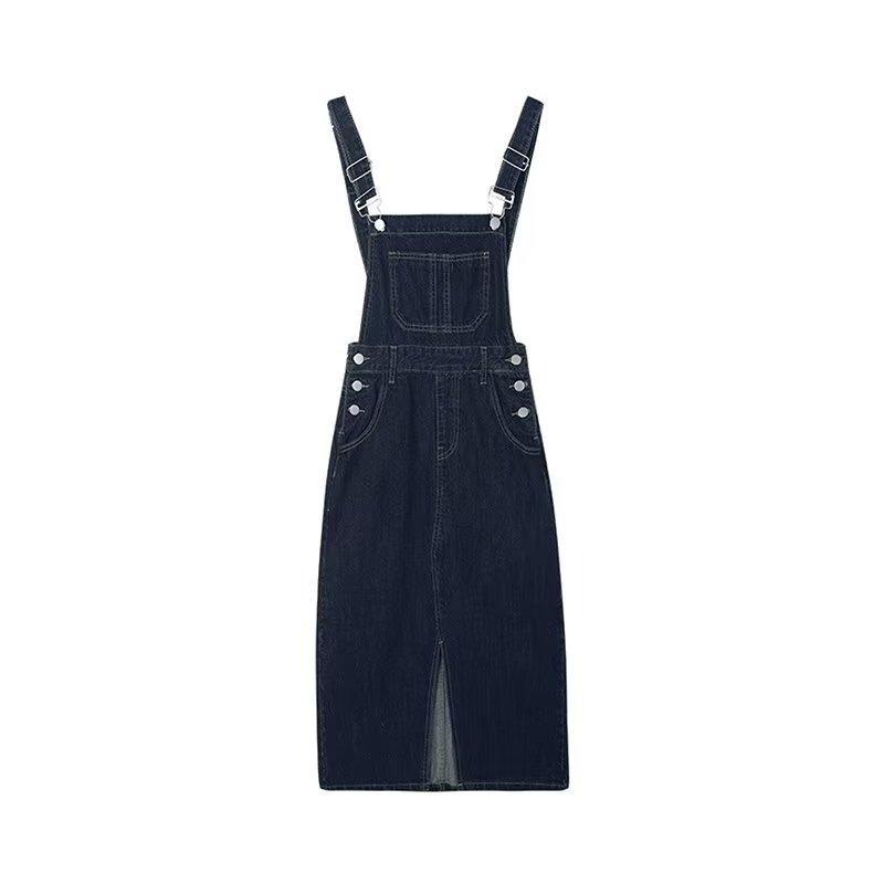 Autumn Vintage Dark Blue Denim Strap Dress For Women Loose Spring Dresses